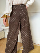 Pantalon Vivianne en flanelle marron à pois coupe large – Siamoise