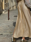 Jupe longue dorée femme Frida taille haute et fendue – Siamoise