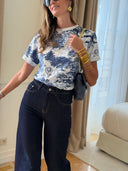 T-shirt femme Marie écru à imprimé toile de Jouy marine animalier – Siamoise