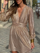 Robe dorée manches longues femme Pénélope avec décolleté V et taille ceinturée – Siamoise