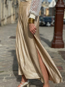 Jupe longue dorée femme Frida taille haute et fendue – Siamoise