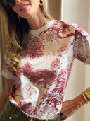 T-shirt femme Marie écru à imprimé toile de Jouy bordeaux animalier – Siamoise