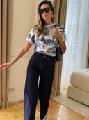 T-shirt femme Marie écru à imprimé toile de Jouy marine animalier – Siamoise