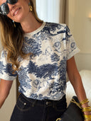 T-shirt femme Marie écru à imprimé toile de Jouy marine animalier – Siamoise