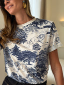 T-shirt femme Marie écru à imprimé toile de Jouy marine animalier – Siamoise