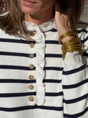Marinière femme écrue et bleu marine Albelise à col volanté – Siamoise
